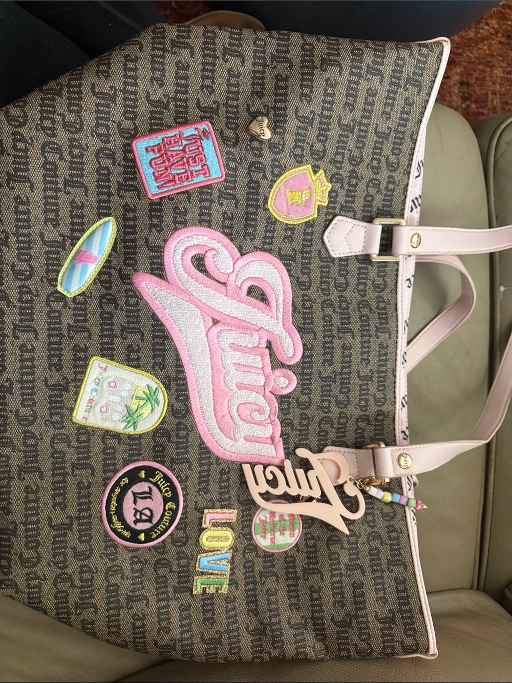 Juicy Couture Brown Monogram Tote with Pink Patch Logo and Pastel Accents